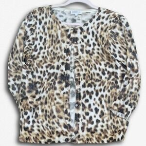 Joseph A Leopard Print Glitter Cardigan Sweater Womens Large 3/4 Sleeve Brown